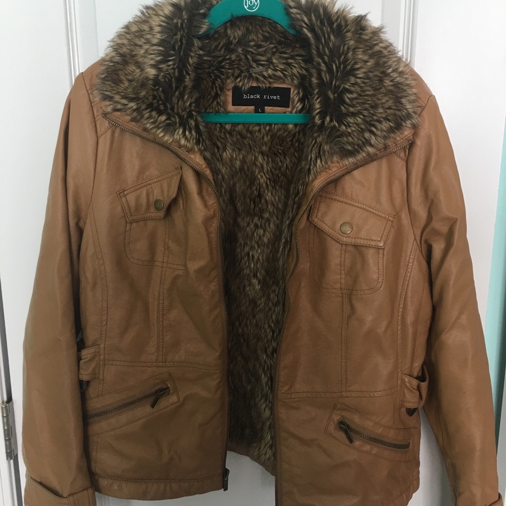 Tan Leather Jacket with Warm Fuzzy Interior!